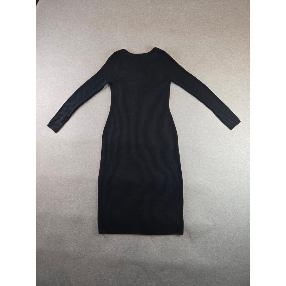 NWT Uniqlo Dress XS Black Merino Blend V Neck‎ Fitted Long Sleeve Ribbed Minimal - Picture 2 of 10